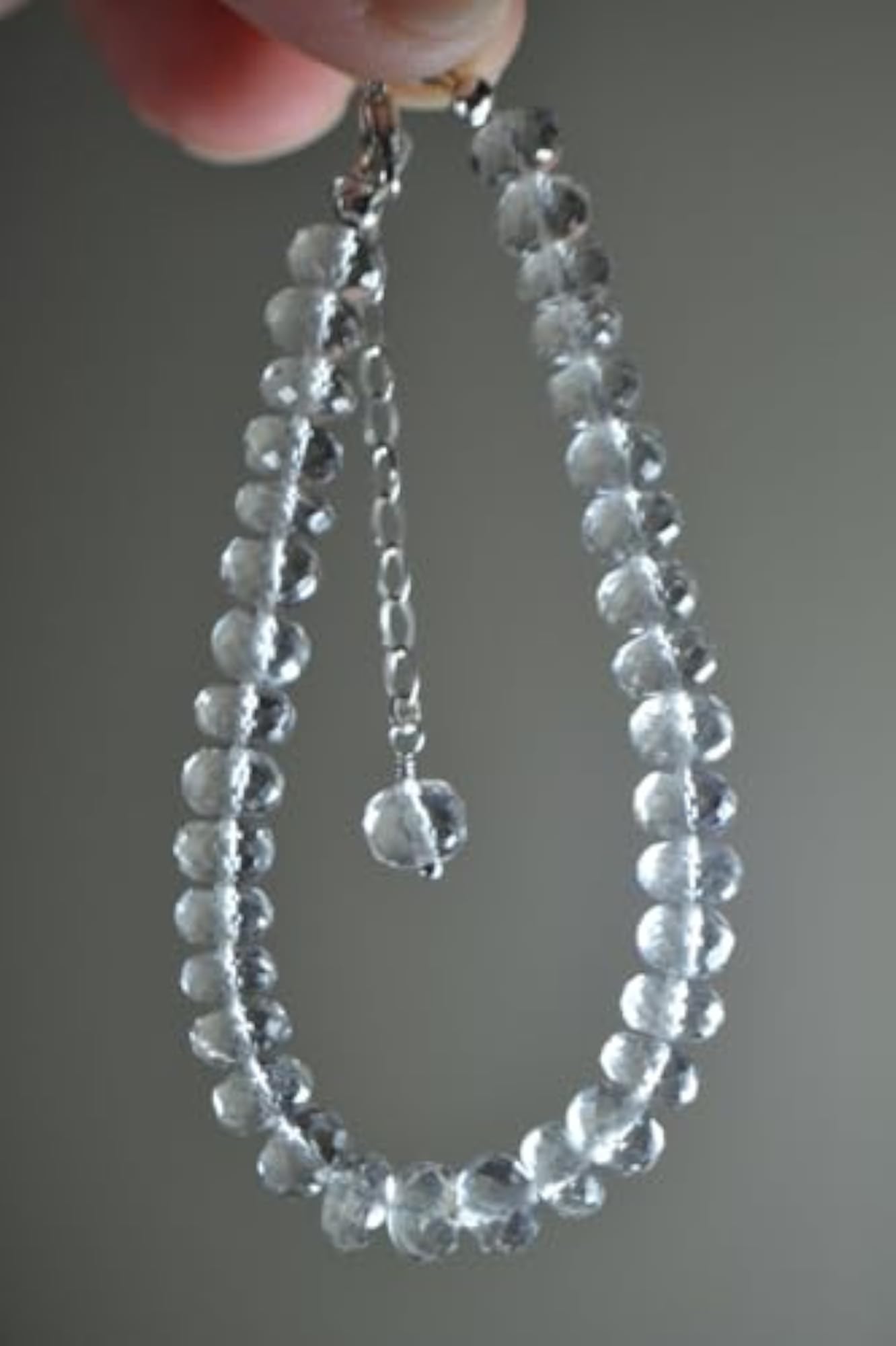 Crystal Quartz Rondelle Beaded Bracelet with Silver Lock, Adjustable 7 Inch